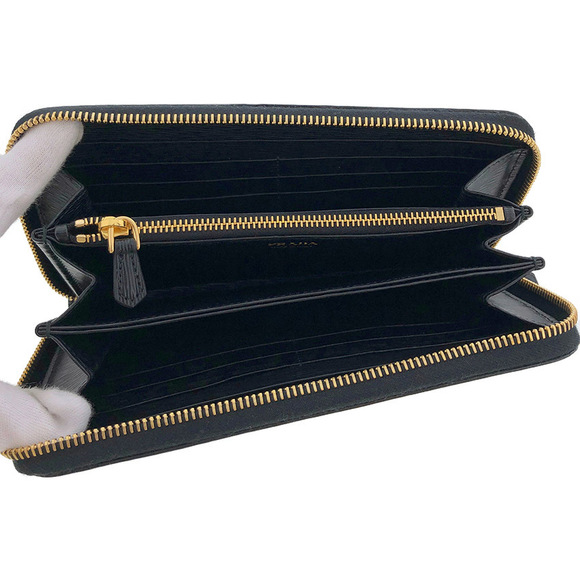 Prada Nylon Leather Long Wallet Round Zip Black Testo Vitello Around - Picture 2 of 6